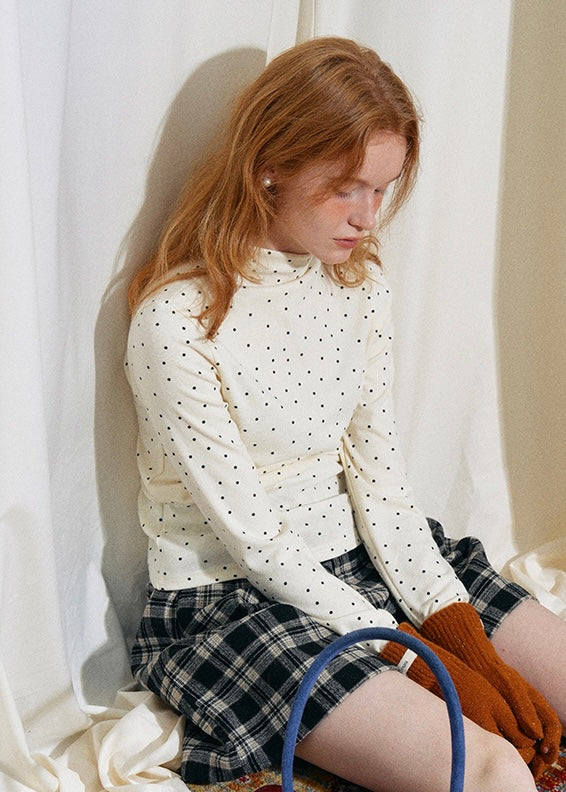 Cream Polka Dot Turtleneck Long Sleeve Top