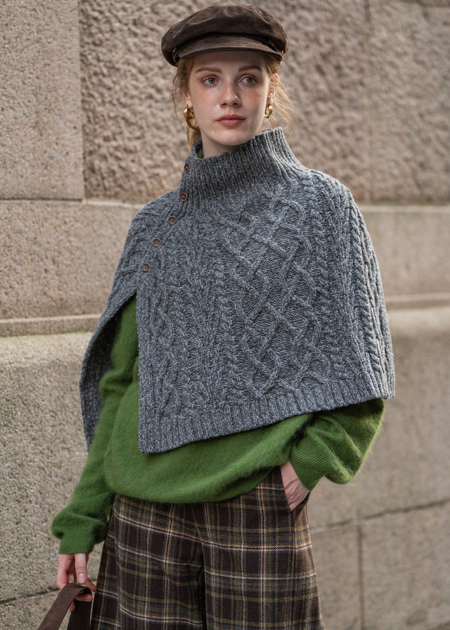 Heritage Cable Wool Cape Shawl(2COLOR)