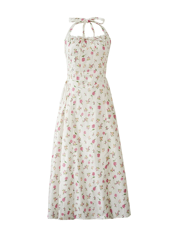 Summer Poem Rose Print Halter Backless Dress