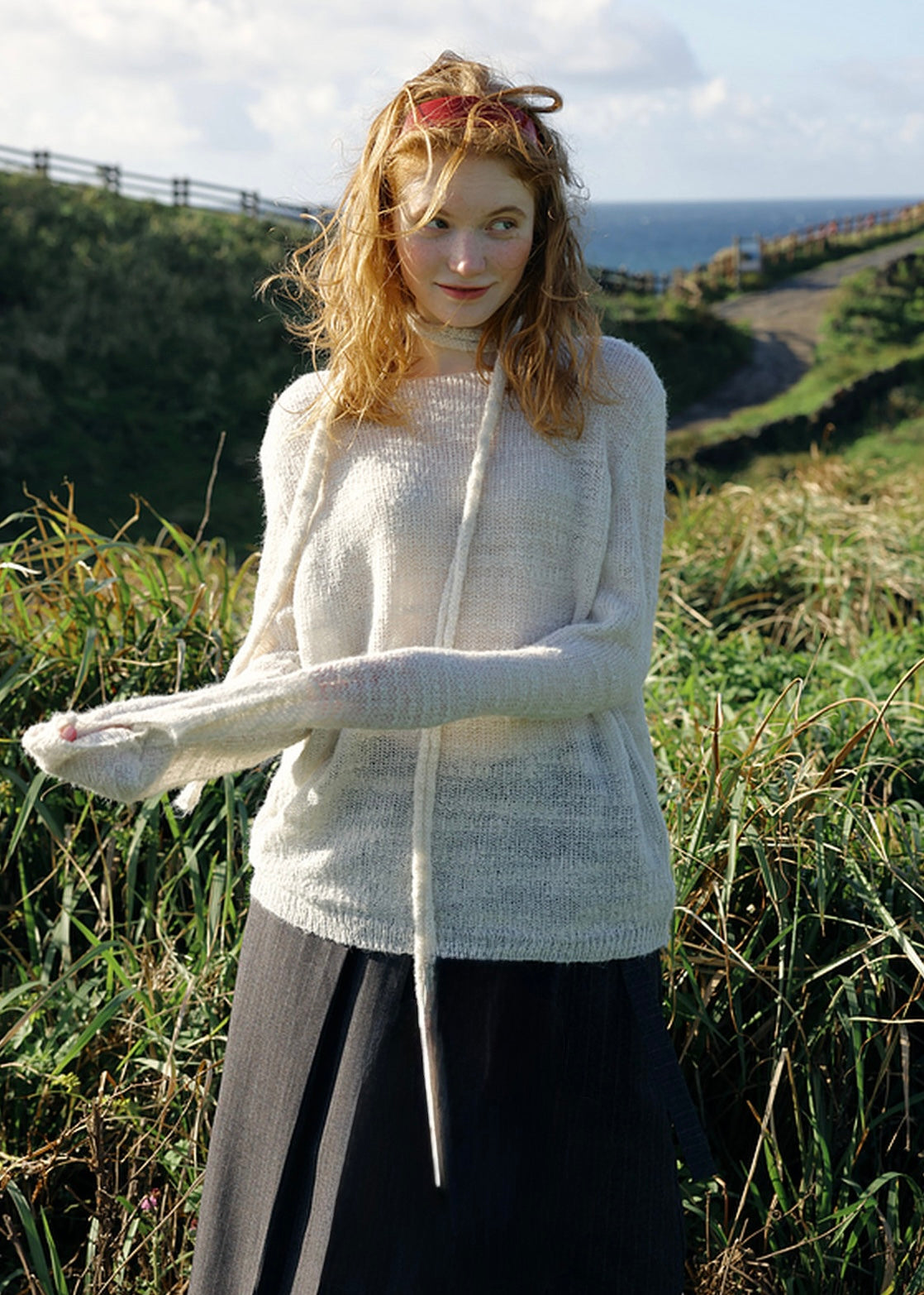 Vintage Tie Neck Open Knit Long Sleeve Sweater