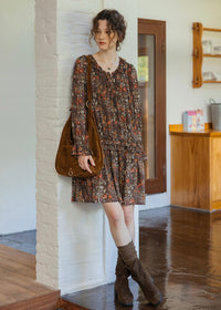 Fleur Noire Vintage Floral Ruffle Collar Midi Dress