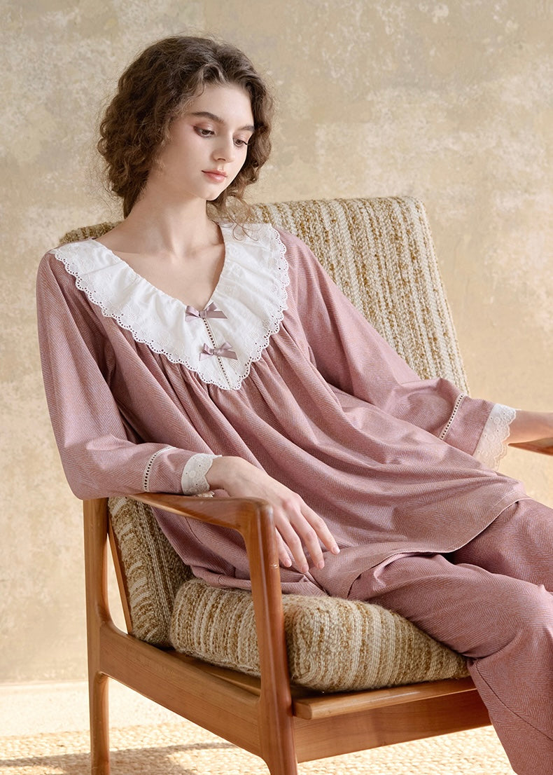 Vintage Lace Collar Pink Long Sleeve Women's Pajama Set