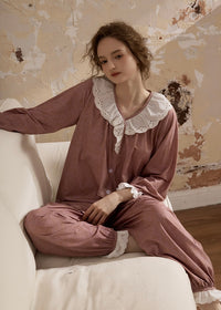 Vintage Pink Lace Collar Long Sleeve Women's Pajama Set