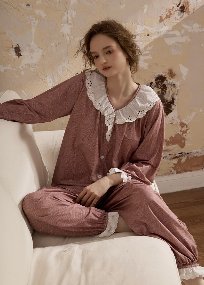 Vintage Pink Lace Collar Long Sleeve Women's Pajama Set