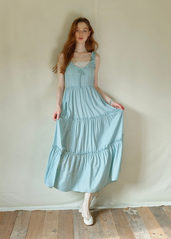 Mint Ruffle Melody Tiered Sleeveless Long Vintage Long Dress