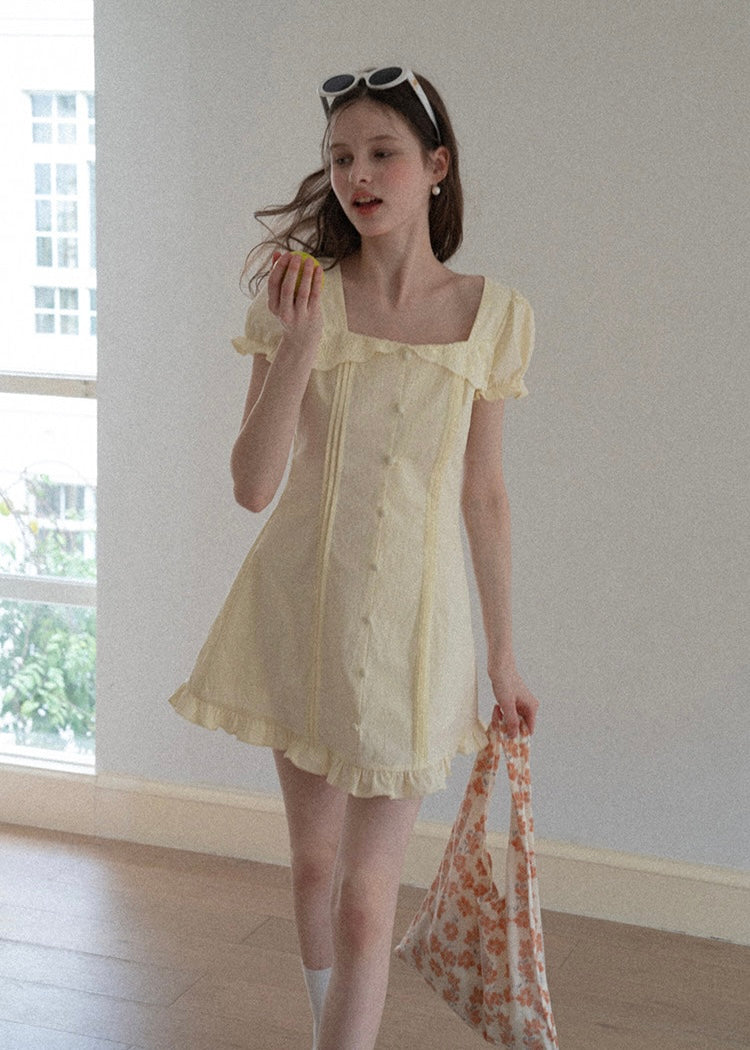 Lemon Meringue Soft Glow Vintage Puff Sleeve Mini Dress