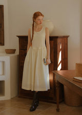 Warm Ivory Textured Sleeveless A-Line Dress