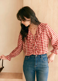 Rosie Ruffle Blouse | Vintage Red Gingham Floral Embroidered Top
