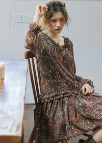 Fleur Noire Vintage Floral Ruffle Collar Midi Dress