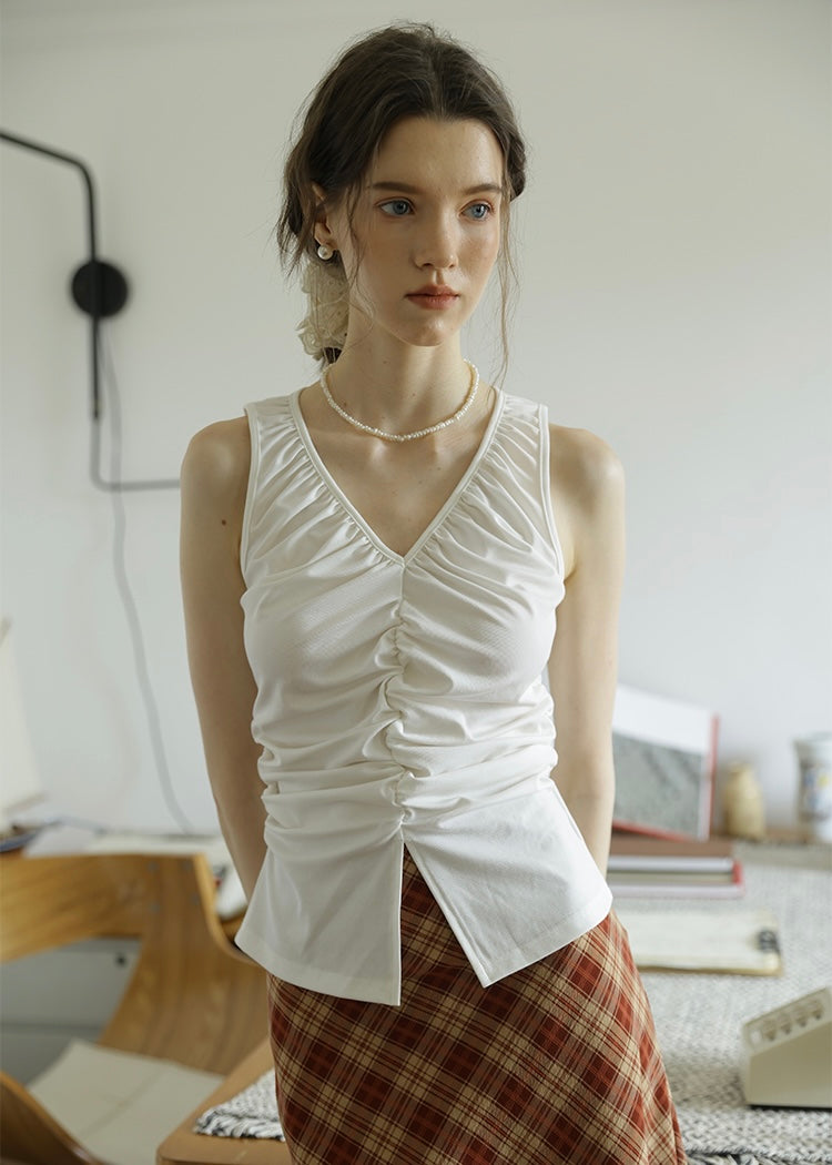Muse Ruched Slit Tank Top | Vintage-Inspired Sleeveless Summer Top(2COLOR)