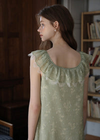 Sage Ruffle Lace Trim Sleeveless Long Dress