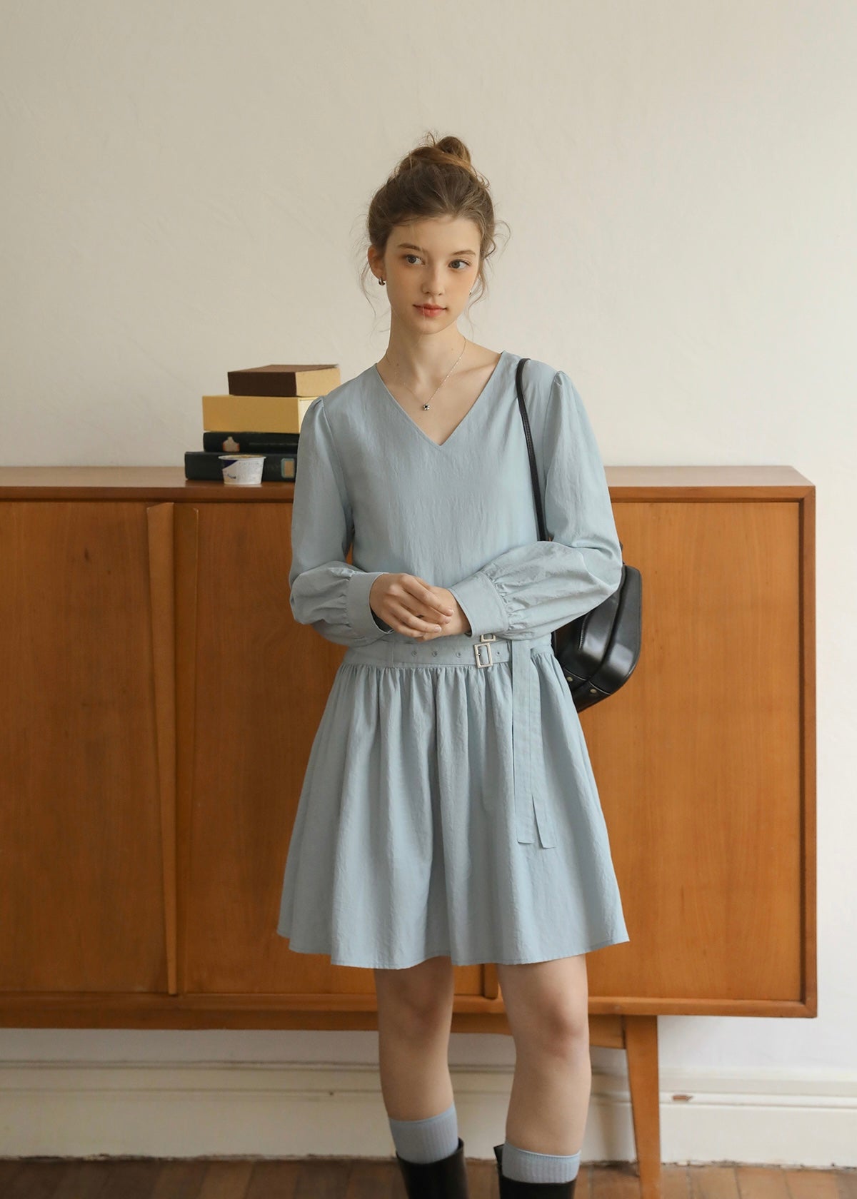 Soft Mist Belted Vintage Pastel Blue Dress