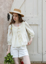 Light Yellow Ribbon Pin-tuck Romantic Vintage Blouse