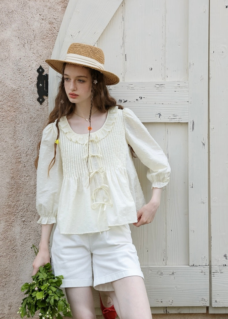 Light Yellow Ribbon Pin-tuck Romantic Vintage Blouse