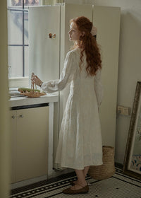 Cream Beige Vintage Ruched Waist Embroidered Dress