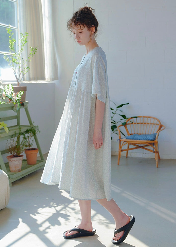 Blue Haze Cotton Gauze Dress Soft Dot A-Line Lounge Nightdress