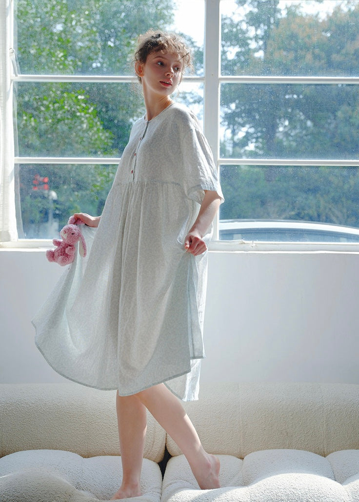 Blue Haze Cotton Gauze Dress Soft Dot A-Line Lounge Nightdress