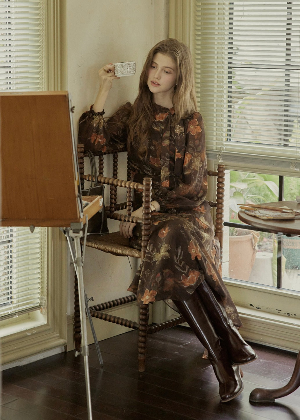 Victorian Oil Painting Floral Chiffon Maxi Dress