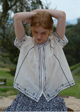 Blue Thread Embroidered Vintage Short Sleeve Blouse