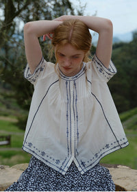 Blue Thread Embroidered Vintage Short Sleeve Blouse