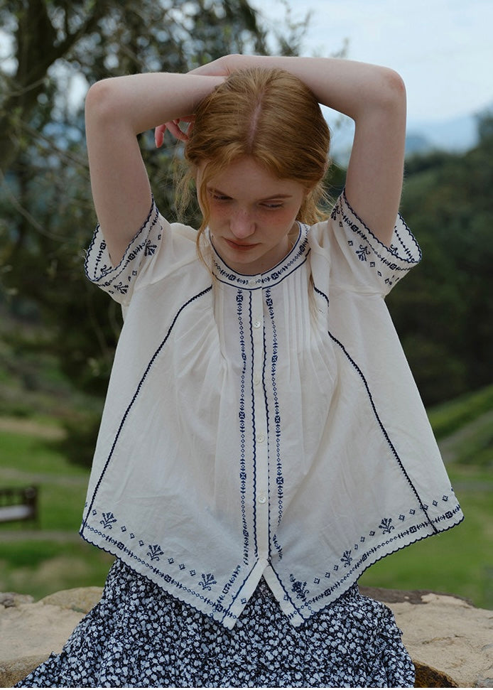 Blue Thread Embroidered Vintage Short Sleeve Blouse