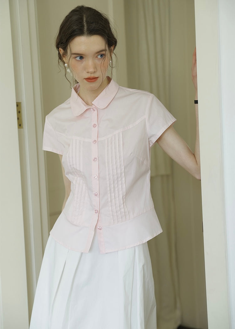 April Tuck Blouse | Vintage Pink Short Sleeve Shirt with Pintuck Detail