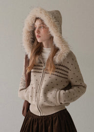 Soft Trail Fur-Hood Knit Zip Cardigan Jacket