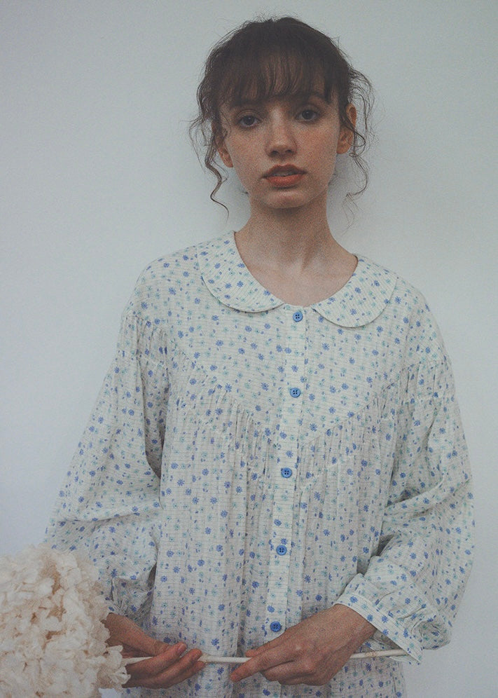 Blue Floral Cotton Nightdress Peter Pan Collar Long Sleeve Vintage Loungewear
