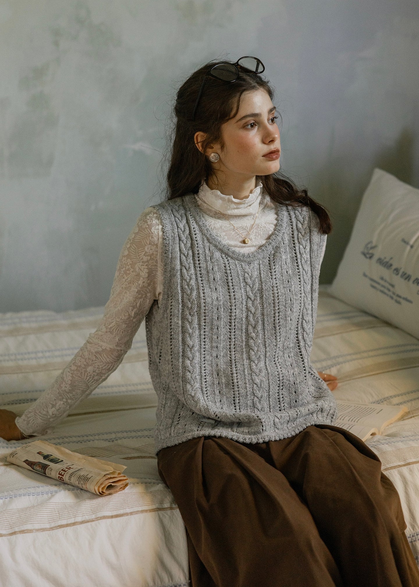 Classic Vintage Cable Wool Knit Vest(2COLOR)