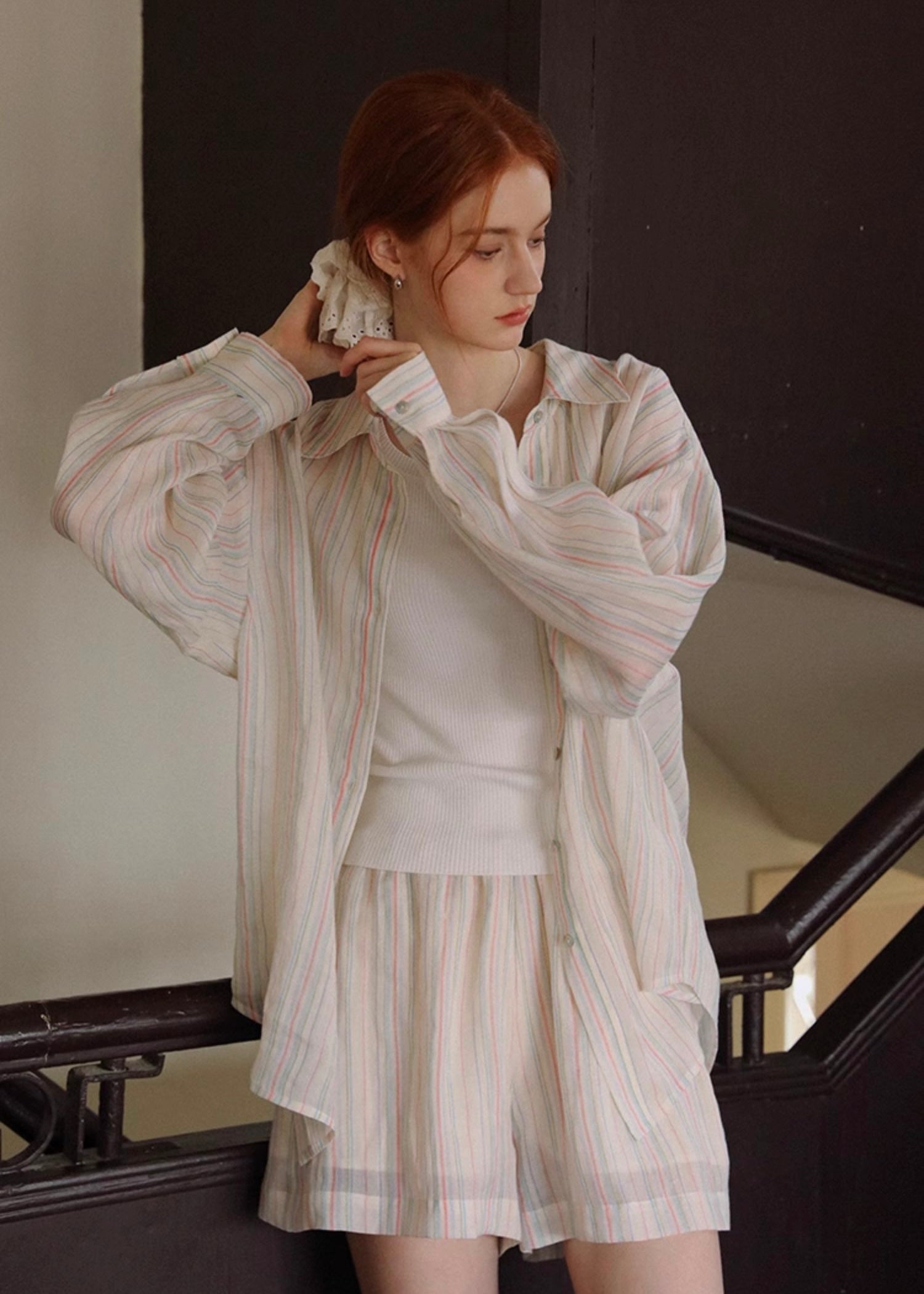 Morning Haze Soft Stripe Set | Pastel Vintage Shirt & Shorts Outfit