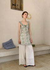 Green Petal Sheer Floral Ribbon Sleeveless Top