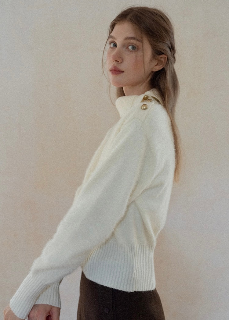 Cream Apricot Diagonal Button Collar Knit Sweater