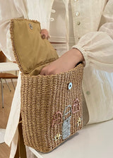 Woven Straw Backpack with Cottage Embroidery