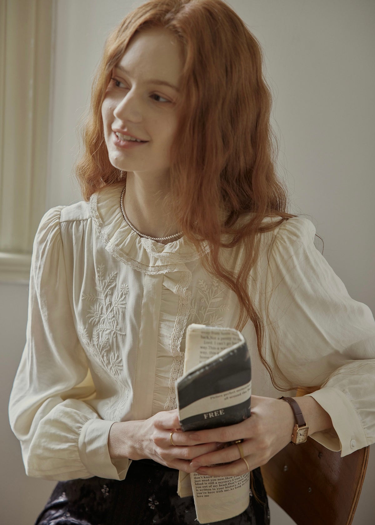 Romantic Cream Lace Embroidered Ruffle Collar Vintage Blouse