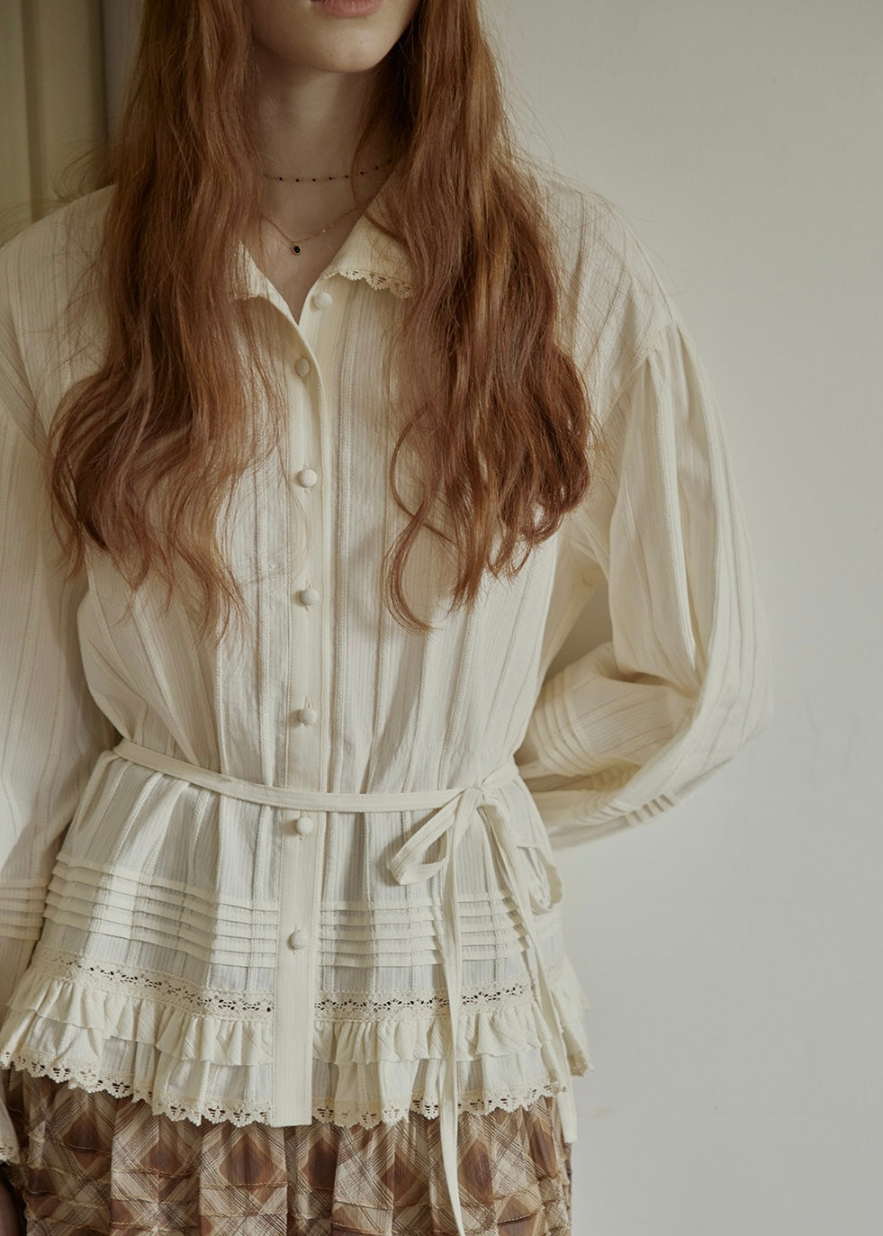 Rromantic Vintage Lace Ruffle Tie Waist Blouse
