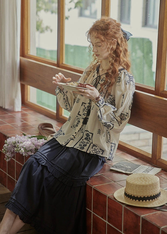 Meadow Folk Tie Blouse | Vintage Navy Print Peasant Top