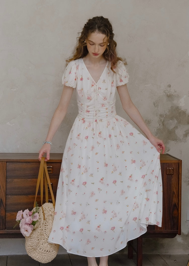 Clair de Soft White Floral Shirred Dress