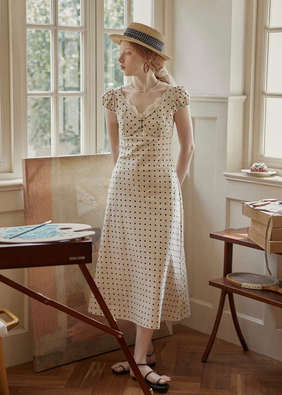 Cream Polka Dot Puff Sleeve Dress