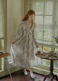 Ash Mist Blue Vintage Print Long Sleeve Dress