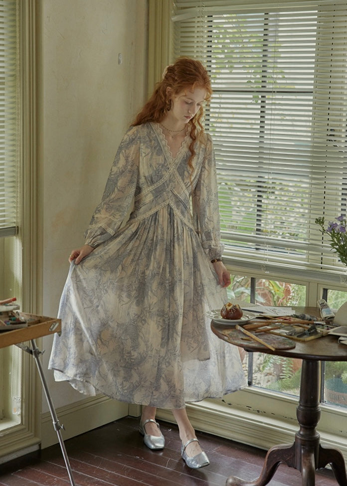 Ash Mist Blue Vintage Print Long Sleeve Dress
