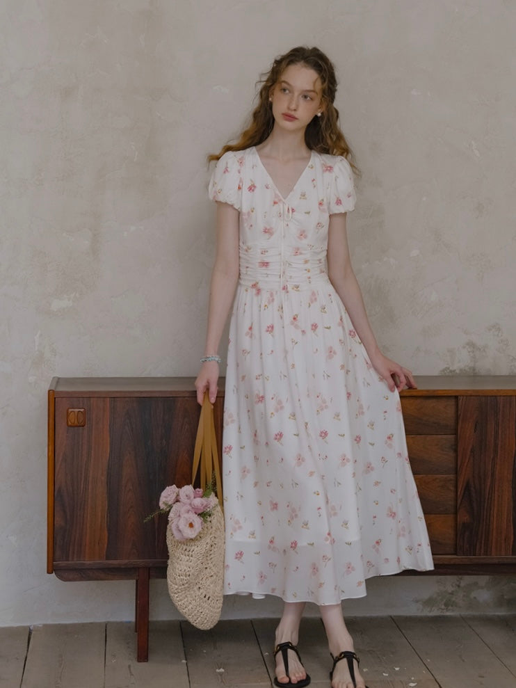 Clair de Soft White Floral Shirred Dress
