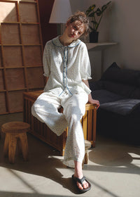 Blue Calm Cotton Pajama Set Floral Piping Collar Loose Lounge Set