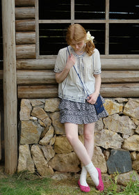 Blue Thread Embroidered Vintage Short Sleeve Blouse