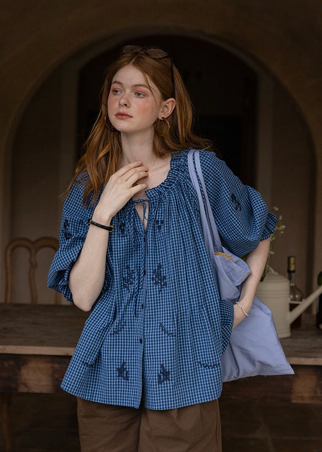 Meadow Poem Embroidered Blouse | Romantic Cotton Round Neck Shirt(2COLOR)