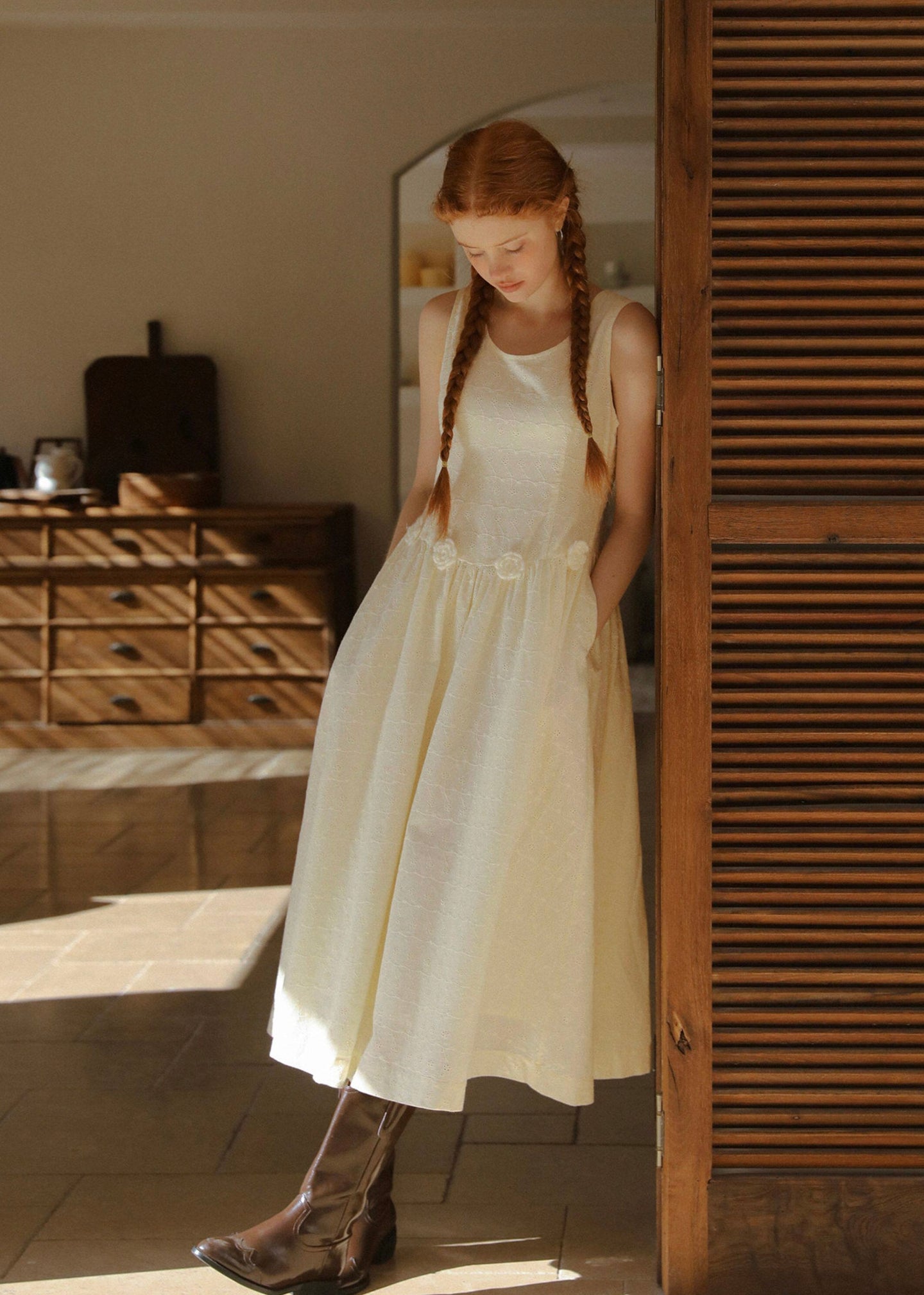 Warm Ivory Textured Sleeveless A-Line Dress