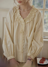 Buttercream Ruffle Embroidered Vintage Blouse