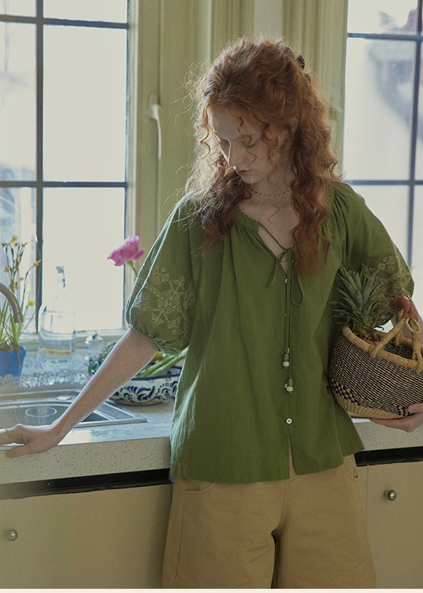 Willow Garden Embroidered Blouse | Romantic Green Cotton Shirt