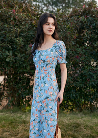 Blossom Breeze Dress | Puff Sleeve Blue Floral Summer Dress