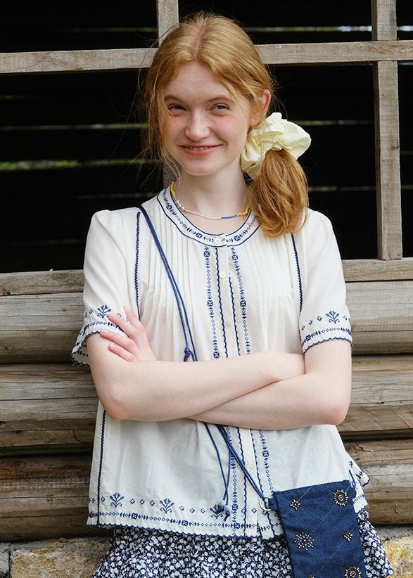 Blue Thread Embroidered Vintage Short Sleeve Blouse