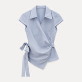 Elin Sky Wrap Tie Short Sleeve Blouse